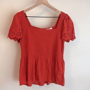 NWT Madewell Fresh Chili Eyelet-Sleeve Lucie Smocked Peplum Top